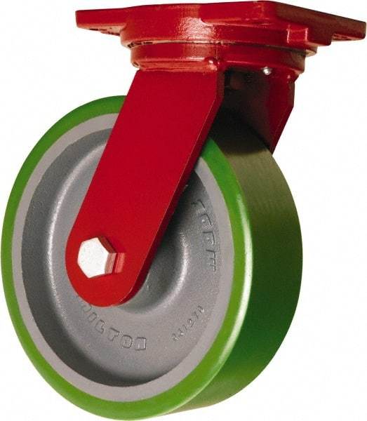 Hamilton - 10" Diam x 3" Wide x 12-1/2" OAH Top Plate Mount Swivel Caster - Polyurethane Mold onto Cast Iron Center, 3,000 Lb Capacity, Tapered Roller Bearing, 6-1/8 x 7-1/2" Plate - Exact Industrial Supply