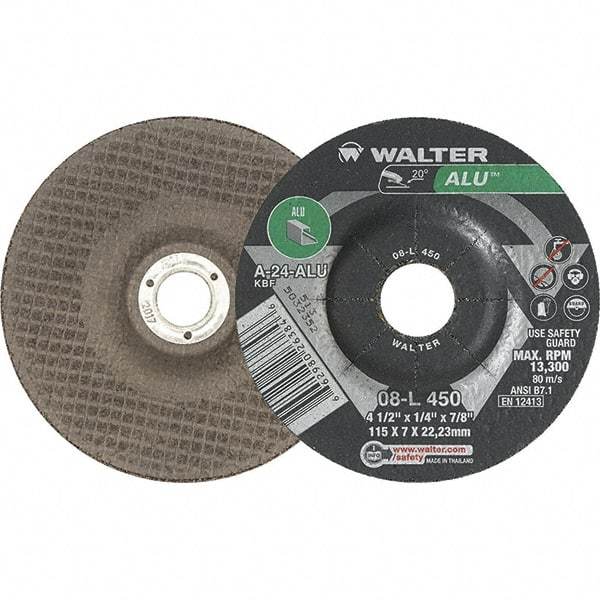 WALTER Surface Technologies - 24 Grit, 4-1/2" Wheel Diam, 1/4" Wheel Thickness, 7/8" Arbor Hole, Type 27 Depressed Center Wheel - Aluminum Oxide, 13,300 Max RPM - Exact Industrial Supply