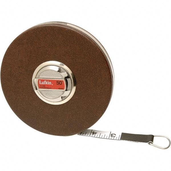 Lufkin - 100' x 5/8" White Fiberglass Blade Tape Measure - 1/8" Graduation, Inch Graduation Style, Black Steel Case - Exact Industrial Supply