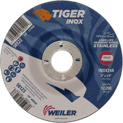 Weiler - 24 Grit, 5" Wheel Diam, 1/4" Wheel Thickness, 7/8" Arbor Hole, Type 27 Depressed Center Wheel - Coarse Grade, Aluminum Oxide, Resinoid Bond, R Hardness, 12,200 Max RPM - Exact Industrial Supply
