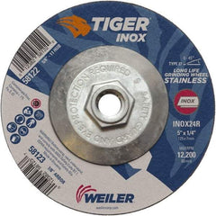 Weiler - 24 Grit, 5" Wheel Diam, 1/4" Wheel Thickness, Type 27 Depressed Center Wheel - Coarse Grade, Aluminum Oxide, Resinoid Bond, R Hardness, 12,200 Max RPM - Exact Industrial Supply