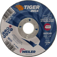 Weiler - 24 Grit, 4-1/2" Wheel Diam, 1/4" Wheel Thickness, 7/8" Arbor Hole, Type 27 Depressed Center Wheel - Coarse Grade, Aluminum Oxide, Resinoid Bond, R Hardness, 13,300 Max RPM - Exact Industrial Supply