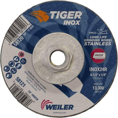 Weiler - 24 Grit, 4-1/2" Wheel Diam, 1/4" Wheel Thickness, Type 27 Depressed Center Wheel - Coarse Grade, Aluminum Oxide, Resinoid Bond, R Hardness, 13,300 Max RPM - Exact Industrial Supply