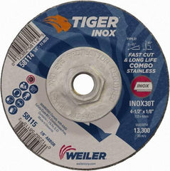 Weiler - 30 Grit, 4-1/2" Wheel Diam, 1/8" Wheel Thickness, Type 27 Depressed Center Wheel - Medium Grade, Aluminum Oxide, Resinoid Bond, T Hardness, 13,300 Max RPM - Exact Industrial Supply