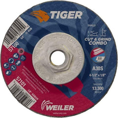 Weiler - 30 Grit, 4-1/2" Wheel Diam, 1/8" Wheel Thickness, Type 27 Depressed Center Wheel - Medium Grade, Aluminum Oxide, Resinoid Bond, S Hardness, 13,300 Max RPM - Exact Industrial Supply