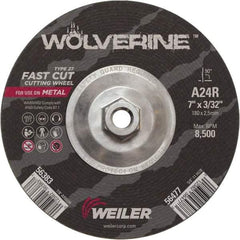 Weiler - 24 Grit, 7" Wheel Diam, 3/32" Wheel Thickness, Type 27 Depressed Center Wheel - Coarse Grade, Aluminum Oxide, Resinoid Bond, R Hardness, 8,500 Max RPM - Exact Industrial Supply