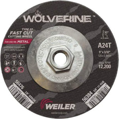 Weiler - 24 Grit, 5" Wheel Diam, 3/32" Wheel Thickness, Type 27 Depressed Center Wheel - Coarse Grade, Aluminum Oxide, Resinoid Bond, T Hardness, 12,200 Max RPM - Exact Industrial Supply