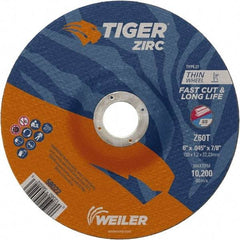 Weiler - 60 Grit, 6" Wheel Diam, 7/8" Arbor Hole, Type 27 Depressed Center Wheel - Medium Grade, Zirconia Alumina, Resinoid Bond, T Hardness, 10,200 Max RPM - Exact Industrial Supply