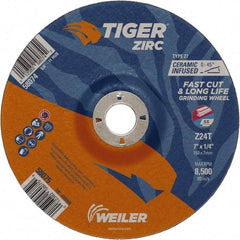 Weiler - 24 Grit, 7" Wheel Diam, 1/4" Wheel Thickness, 7/8" Arbor Hole, Type 27 Depressed Center Wheel - Coarse Grade, Zirconia Alumina, Resinoid Bond, T Hardness, 8,500 Max RPM - Exact Industrial Supply