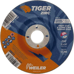 Weiler - 24 Grit, 5" Wheel Diam, 1/4" Wheel Thickness, 7/8" Arbor Hole, Type 27 Depressed Center Wheel - Coarse Grade, Zirconia Alumina, Resinoid Bond, T Hardness, 12,200 Max RPM - Exact Industrial Supply