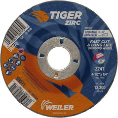 Weiler - 24 Grit, 4-1/2" Wheel Diam, 1/4" Wheel Thickness, 7/8" Arbor Hole, Type 27 Depressed Center Wheel - Coarse Grade, Zirconia Alumina, Resinoid Bond, T Hardness, 13,300 Max RPM - Exact Industrial Supply