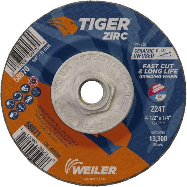 Weiler - 24 Grit, 4-1/2" Wheel Diam, 1/4" Wheel Thickness, Type 27 Depressed Center Wheel - Coarse Grade, Zirconia Alumina, Resinoid Bond, T Hardness, 13,300 Max RPM - Exact Industrial Supply