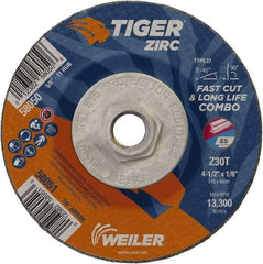 Weiler - 30 Grit, 4-1/2" Wheel Diam, 1/8" Wheel Thickness, Type 27 Depressed Center Wheel - Medium Grade, Zirconia Alumina, Resinoid Bond, T Hardness, 13,300 Max RPM - Exact Industrial Supply