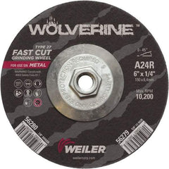 Weiler - 24 Grit, 6" Wheel Diam, 1/4" Wheel Thickness, Type 27 Depressed Center Wheel - Coarse Grade, Aluminum Oxide, Resinoid Bond, R Hardness, 10,200 Max RPM - Exact Industrial Supply