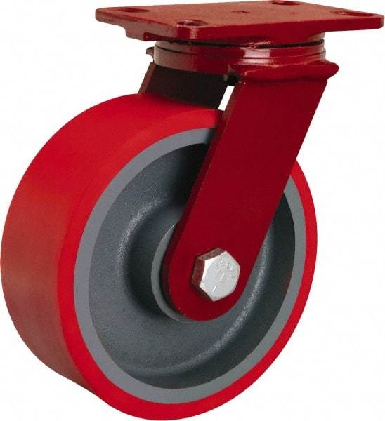 Hamilton - 8" Diam x 3" Wide x 10-1/8" OAH Top Plate Mount Rigid Caster - Polyurethane Mold on Forged Steel, 2,200 Lb Capacity, Tapered Roller Bearing, 5 x 7" Plate - Exact Industrial Supply