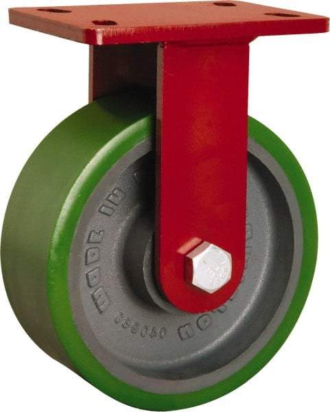 Hamilton - 8" Diam x 3" Wide x 10-1/8" OAH Top Plate Mount Rigid Caster - Polyurethane Mold onto Cast Iron Center, 2,200 Lb Capacity, Tapered Roller Bearing, 5 x 7" Plate - Exact Industrial Supply