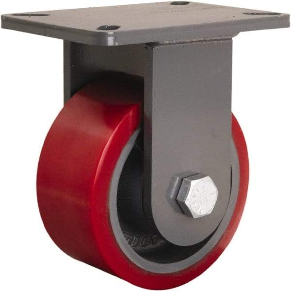 Hamilton - 6" Diam x 3" Wide x 8" OAH Top Plate Mount Rigid Caster - Polyurethane Mold onto Cast Iron Center, 2,600 Lb Capacity, Tapered Roller Bearing, 5-1/4 x 7-1/4" Plate - Exact Industrial Supply