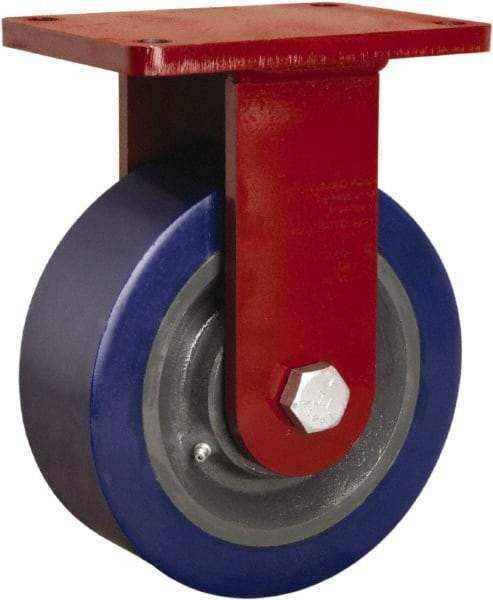 Hamilton - 8" Diam x 3" Wide x 10-1/2" OAH Top Plate Mount Rigid Caster - Polyurethane Mold on Forged Steel, 3,500 Lb Capacity, Straight Roller Bearing, 5-1/2 x 7-1/2" Plate - Exact Industrial Supply