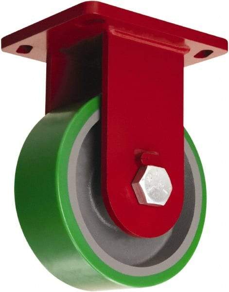 Hamilton - 10" Diam x 3" Wide x 12-1/2" OAH Top Plate Mount Rigid Caster - Polyurethane Mold onto Cast Iron Center, 3,000 Lb Capacity, Tapered Roller Bearing, 6-1/2 x 7-1/2" Plate - Exact Industrial Supply