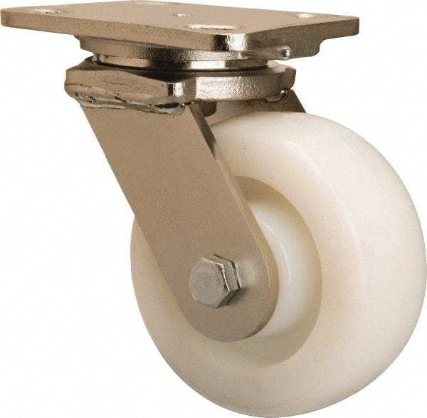 Hamilton - 5" Diam x 2" Wide x 6-1/2" OAH Top Plate Mount Swivel Caster - Nylon, 900 Lb Capacity, Stainless Steel Double Shielded Precision Ball Bearing, 4 x 5" Plate - Exact Industrial Supply