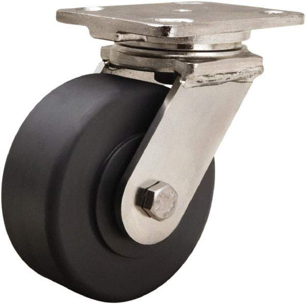 Hamilton - 5" Diam x 2" Wide x 6-1/2" OAH Top Plate Mount Swivel Caster - Nylon, 1,600 Lb Capacity, Stainless Steel Double Shielded Precision Ball Bearing, 4 x 5" Plate - Exact Industrial Supply