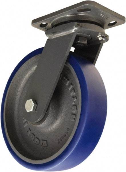 Hamilton - 8" Diam x 2" Wide x 9-1/2" OAH Top Plate Mount Swivel Caster - Polyurethane Mold onto Cast Iron Center, 1,200 Lb Capacity, Tapered Roller Bearing, 4 x 5" Plate - Exact Industrial Supply
