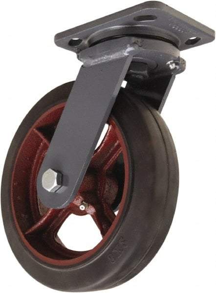 Hamilton - 8" Diam x 2" Wide x 9-1/2" OAH Top Plate Mount Swivel Caster - Rubber Mold on Cast Iron, 500 Lb Capacity, Straight Roller Bearing, 4 x 5" Plate - Exact Industrial Supply