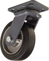 Hamilton - 6" Diam x 2" Wide x 7-1/2" OAH Top Plate Mount Swivel Caster - Rubber Mold on Cast Iron, 410 Lb Capacity, Tapered Roller Bearing, 4 x 5" Plate - Exact Industrial Supply