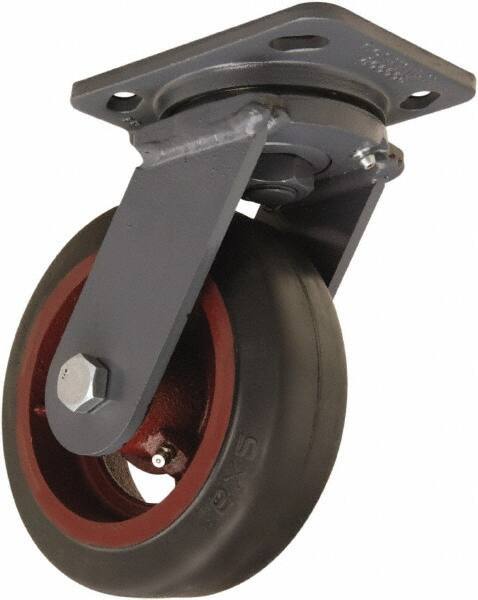 Hamilton - 6" Diam x 2" Wide x 7-1/2" OAH Top Plate Mount Swivel Caster - Rubber Mold on Cast Iron, 410 Lb Capacity, Straight Roller Bearing, 4 x 5" Plate - Exact Industrial Supply