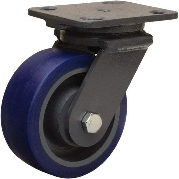 Hamilton - 5" Diam x 2" Wide x 6-1/2" OAH Top Plate Mount Swivel Caster - Polyurethane Mold onto Cast Iron Center, 840 Lb Capacity, Sealed Precision Ball Bearing, 4 x 5" Plate - Exact Industrial Supply