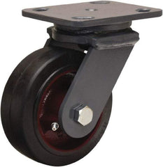 Hamilton - 5" Diam x 2" Wide x 6-1/2" OAH Top Plate Mount Swivel Caster - Rubber Mold on Cast Iron, 350 Lb Capacity, Straight Roller Bearing, 4 x 5" Plate - Exact Industrial Supply