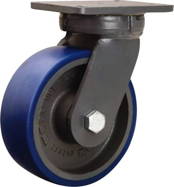 Hamilton - 8" Diam x 3" Wide x 10-1/2" OAH Top Plate Mount Swivel Caster - Polyurethane Mold onto Cast Iron Center, 2,000 Lb Capacity, Precision Tapered Roller Bearing, 5-1/4 x 7-1/4" Plate - Exact Industrial Supply