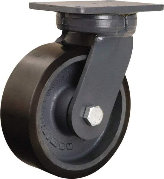 Hamilton - 8" Diam x 3" Wide x 10-1/2" OAH Top Plate Mount Swivel Caster - Polyurethane Mold onto Cast Iron Center, 3,250 Lb Capacity, Sealed Precision Ball Bearing, 5-1/4 x 7-1/4" Plate - Exact Industrial Supply