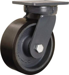 Hamilton - 8" Diam x 3" Wide x 10-1/2" OAH Top Plate Mount Swivel Caster - Polyurethane Mold onto Cast Iron Center, 3,250 Lb Capacity, Tapered Roller Bearing, 5-1/4 x 7-1/4" Plate - Exact Industrial Supply