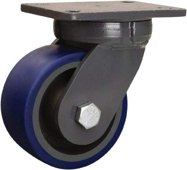 Hamilton - 6" Diam x 3" Wide x 8" OAH Top Plate Mount Swivel Caster - Polyurethane Mold onto Cast Iron Center, 1,800 Lb Capacity, Precision Tapered Roller Bearing, 5-1/4 x 7-1/4" Plate - Exact Industrial Supply