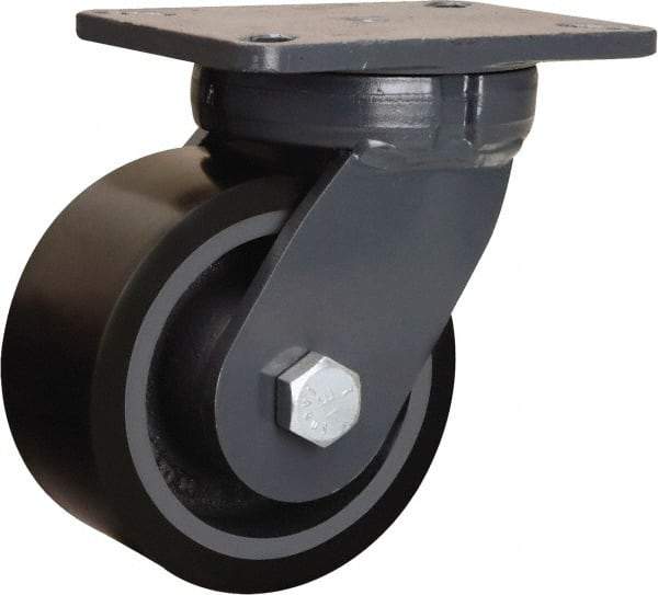Hamilton - 6" Diam x 3" Wide x 8" OAH Top Plate Mount Swivel Caster - Polyurethane Mold onto Cast Iron Center, 2,860 Lb Capacity, Tapered Roller Bearing, 5-1/4 x 7-1/4" Plate - Exact Industrial Supply