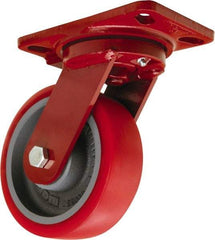 Hamilton - 6" Diam x 2" Wide x 7-3/4" OAH Top Plate Mount Swivel Caster - Polyurethane Mold on Forged Steel, 1,400 Lb Capacity, Tapered Roller Bearing, 4-1/2 x 6-1/2" Plate - Exact Industrial Supply