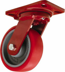 Hamilton - 6" Diam x 2" Wide x 7-3/4" OAH Top Plate Mount Swivel Caster - Polyurethane Mold on Forged Steel, 1,400 Lb Capacity, Sealed Precision Ball Bearing, 4-1/2 x 6-1/2" Plate - Exact Industrial Supply