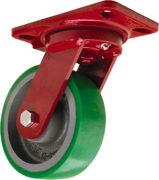 Hamilton - 6" Diam x 2" Wide x 7-3/4" OAH Top Plate Mount Swivel Caster - Polyurethane Mold onto Cast Iron Center, 1,200 Lb Capacity, Tapered Roller Bearing, 4-1/2 x 6-1/2" Plate - Exact Industrial Supply