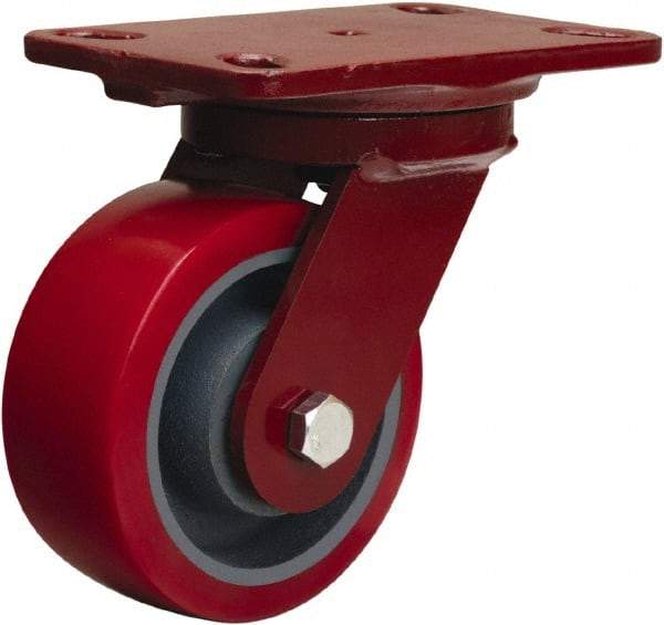 Hamilton - 5" Diam x 2" Wide x 6-3/4" OAH Top Plate Mount Swivel Caster - Polyurethane Mold on Forged Steel, 1,250 Lb Capacity, Tapered Roller Bearing, 4-1/2 x 6-1/2" Plate - Exact Industrial Supply