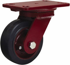 Hamilton - 5" Diam x 2" Wide x 6-3/4" OAH Top Plate Mount Swivel Caster - Rubber Mold on Cast Iron, 350 Lb Capacity, Straight Roller Bearing, 4-1/2 x 6-1/2" Plate - Exact Industrial Supply