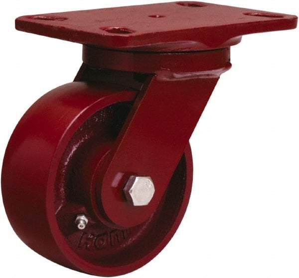 Hamilton - 5" Diam x 2" Wide x 6-3/4" OAH Top Plate Mount Swivel Caster - Cast Iron, 1,300 Lb Capacity, Sealed Precision Ball Bearing, 4-1/2 x 6-1/2" Plate - Exact Industrial Supply