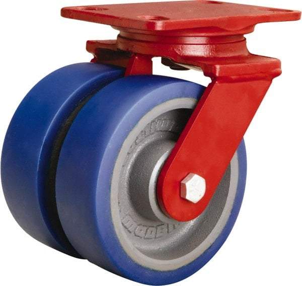 Hamilton - 6" Diam x 2" Wide x 7-3/4" OAH Top Plate Mount Swivel Caster - Polyurethane Mold onto Cast Iron Center, 1,920 Lb Capacity, Sealed Precision Ball Bearing, 4-1/2 x 6-1/2" Plate - Exact Industrial Supply