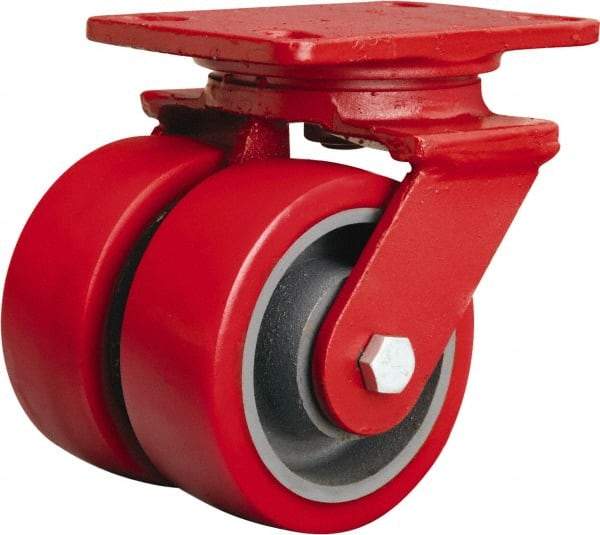 Hamilton - 4" Diam x 2" Wide x 5-5/8" OAH Top Plate Mount Dual Swivel Caster - Polyurethane Mold onto Cast Iron Center, 1,800 Lb Capacity, Sealed Precision Ball Bearing, 4-1/2 x 6-1/2" Plate - Exact Industrial Supply