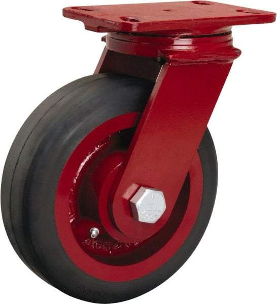Hamilton - 8" Diam x 2-1/2" Wide x 10-1/8" OAH Top Plate Mount Swivel Caster - Rubber Mold on Cast Iron, 670 Lb Capacity, Tapered Roller Bearing, 4-1/2 x 6-1/2" Plate - Exact Industrial Supply