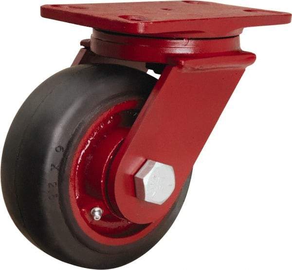 Hamilton - 6" Diam x 2-1/2" Wide x 7-1/2" OAH Top Plate Mount Swivel Caster - Rubber Mold on Cast Iron, 540 Lb Capacity, Tapered Roller Bearing, 4-1/2 x 6-1/2" Plate - Exact Industrial Supply