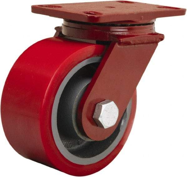 Hamilton - 6" Diam x 3" Wide x 7-1/2" OAH Top Plate Mount Swivel Caster - Polyurethane Mold onto Cast Iron Center, 2,200 Lb Capacity, Sealed Precision Ball Bearing, 4-1/2 x 6-1/2" Plate - Exact Industrial Supply