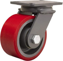 Hamilton - 6" Diam x 3" Wide x 7-3/4" OAH Top Plate Mount Swivel Caster - Polyurethane Mold onto Cast Iron Center, 2,400 Lb Capacity, Tapered Roller Bearing, 4-1/2 x 6-1/2" Plate - Exact Industrial Supply