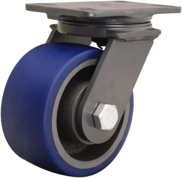 Hamilton - 6" Diam x 3" Wide x 7-3/4" OAH Top Plate Mount Swivel Caster - Polyurethane Mold onto Cast Iron Center, 1,800 Lb Capacity, Tapered Roller Bearing, 4-1/2 x 6-1/2" Plate - Exact Industrial Supply