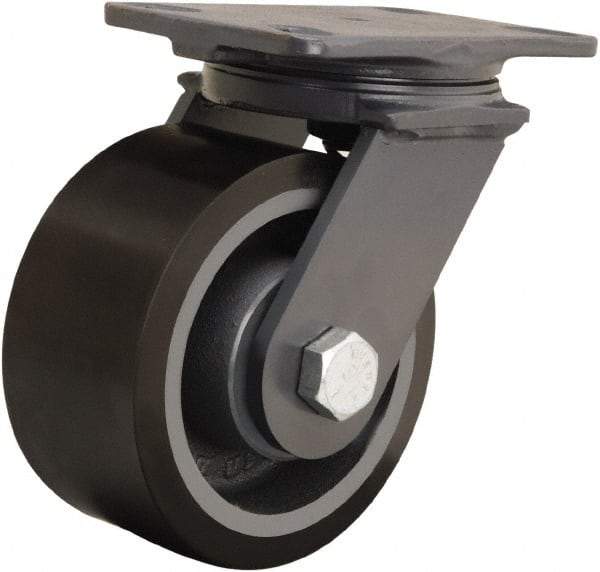 Hamilton - 6" Diam x 3" Wide x 7-3/4" OAH Top Plate Mount Swivel Caster - Polyurethane Mold onto Cast Iron Center, 2,200 Lb Capacity, Tapered Roller Bearing, 4-1/2 x 6-1/2" Plate - Exact Industrial Supply